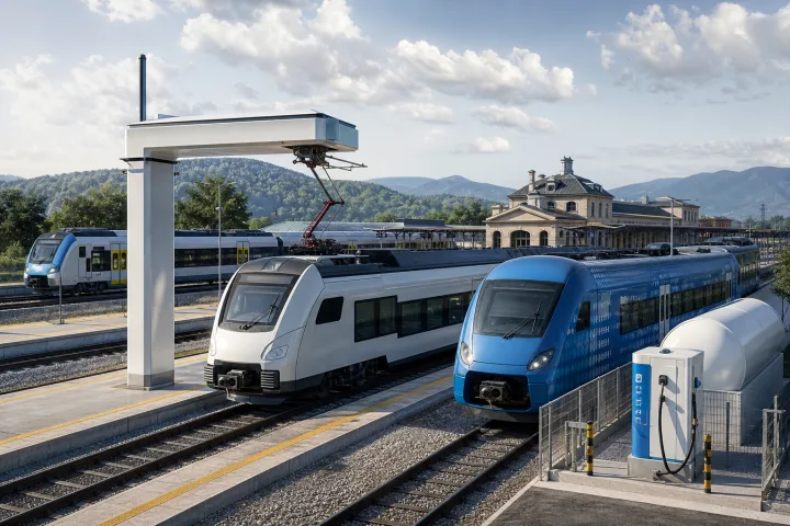 Ilustración de un tren regional sin catenaria con tecnología de batería e hidrógeno en una estación europea