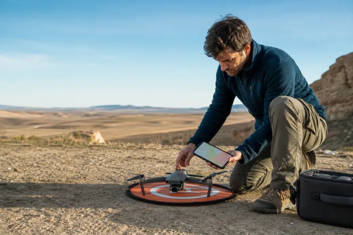 Piloto preparando un dron de consumo en un área abierta mientras consulta un mapa de restricciones aéreas