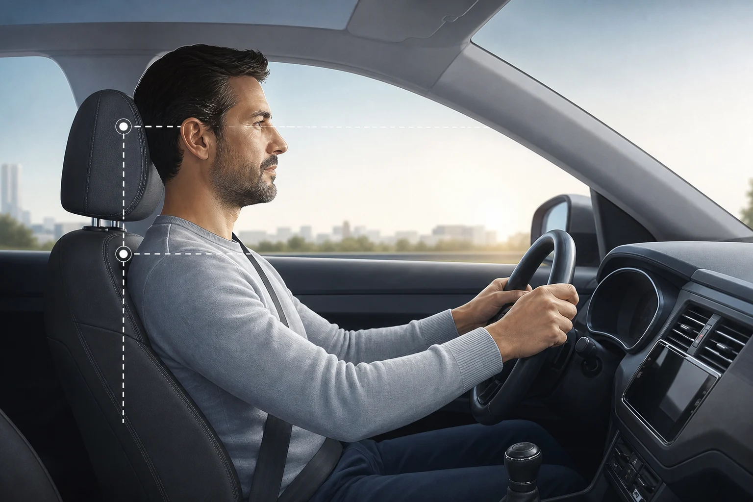 Sitzender Fahrer mit der Oberkante der Kopfstütze ungefähr auf Höhe des oberen Kopfbereichs
