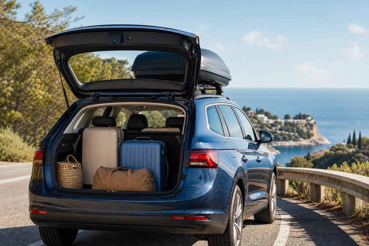 Loaded family car with luggage in the boot and a roof box during a road trip