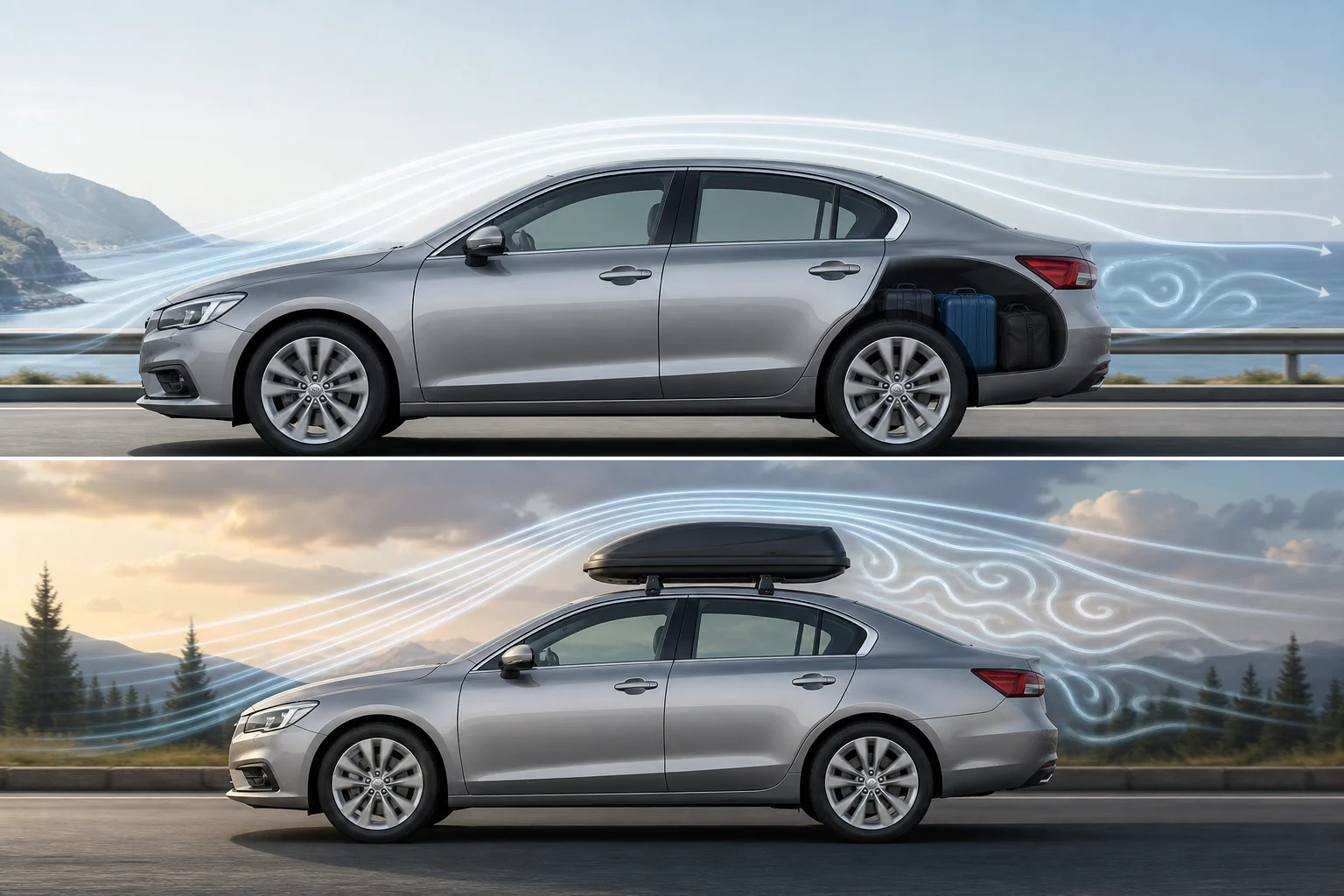 Visual comparison between luggage in the boot and a roof box fitted on a car