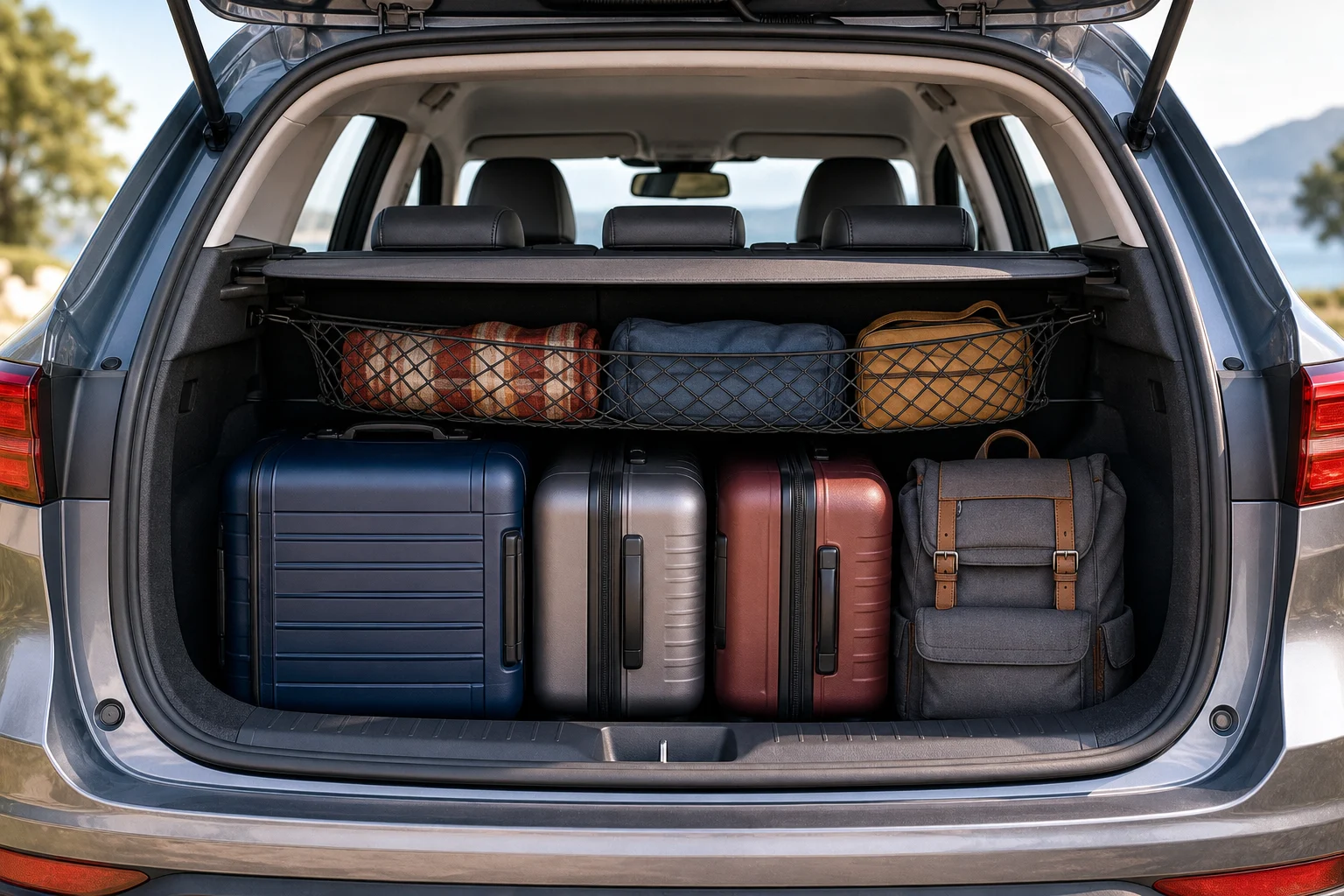 Organised car boot with heavy suitcases positioned low down and secured luggage