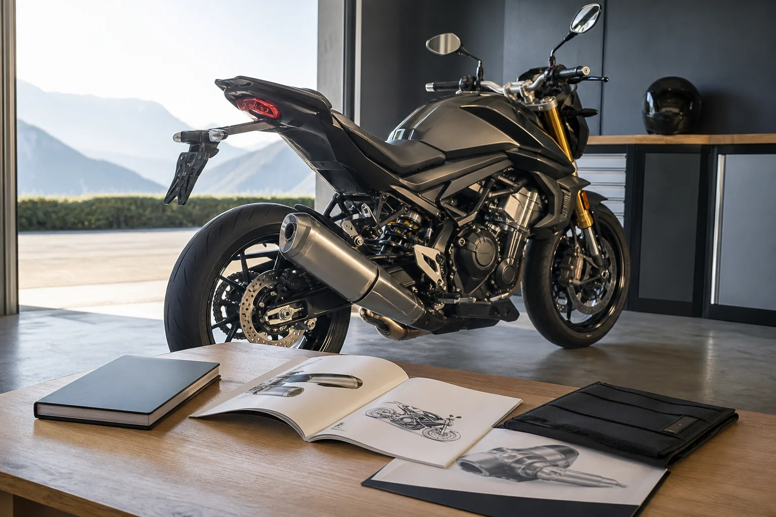 Motorcycle parked beside its exhaust, vehicle inspection card (ITV card) and approval documents on a table
