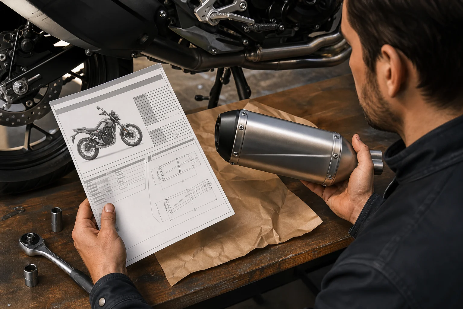 Vehicle inspection card (ITV card) beside a motorcycle silencer, with a person checking references