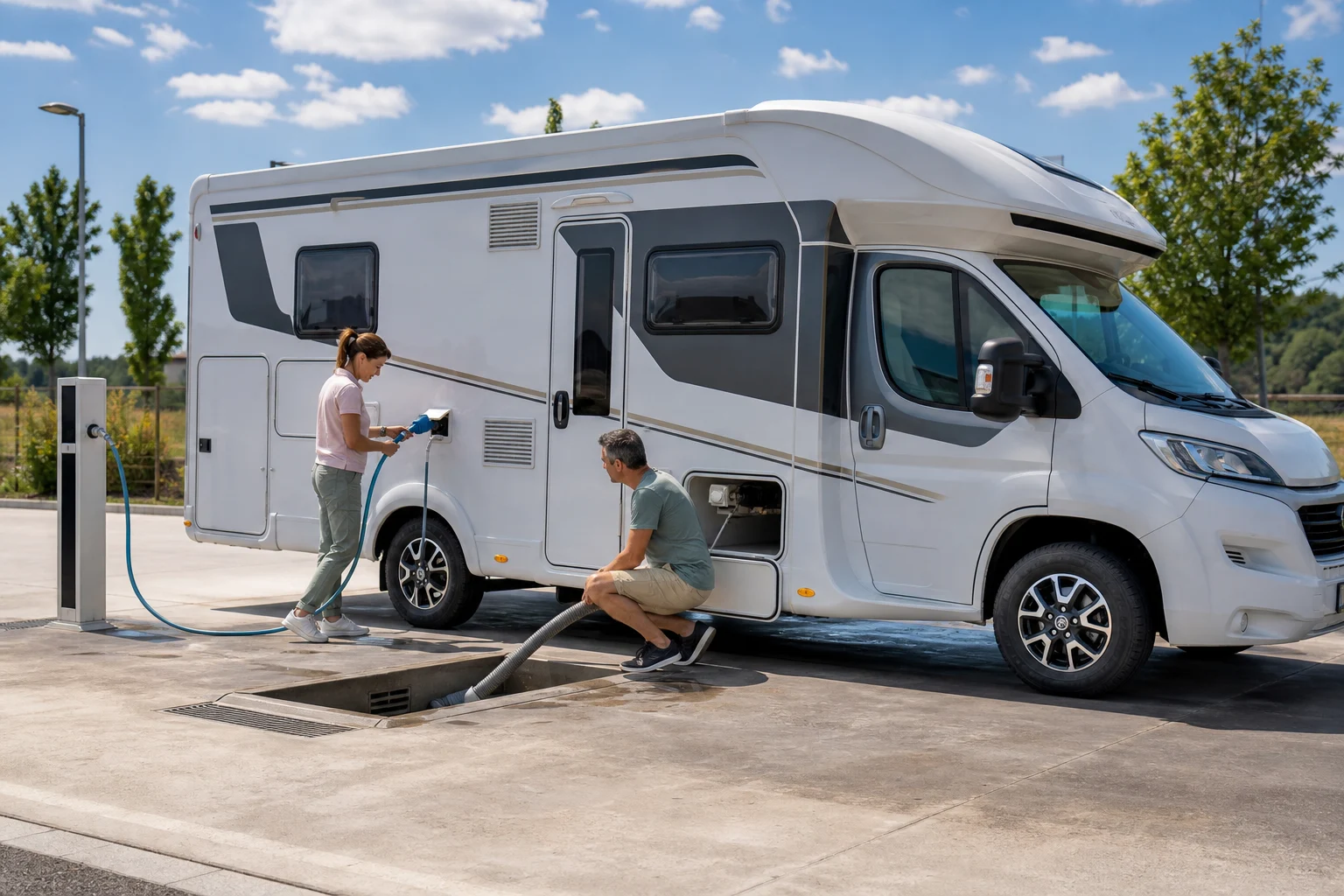 Camping-car près d’une station de service pour remplir l’eau et vidanger les réservoirs, avec tuyaux et signalisation visibles