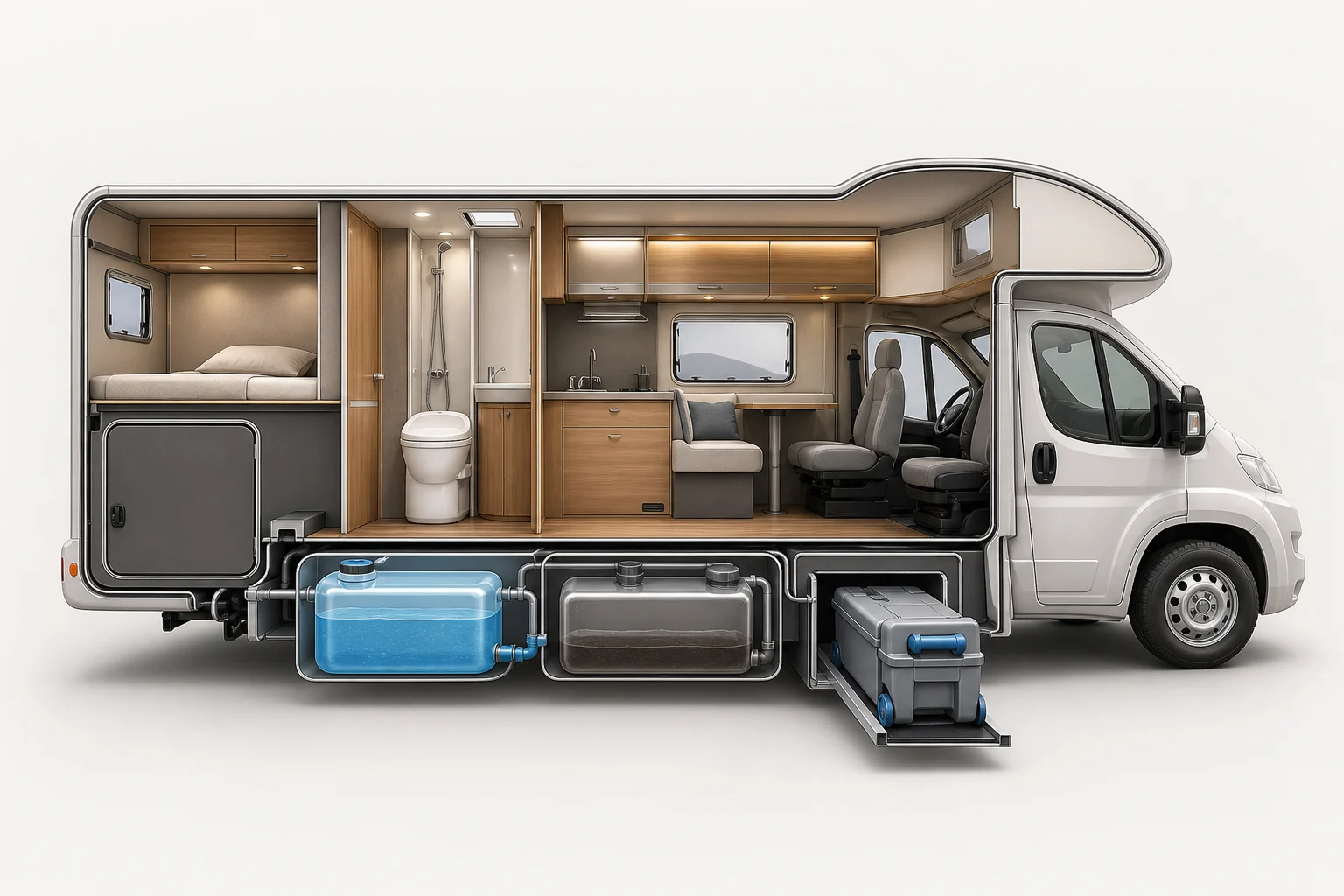 Schéma visuel d’un camping-car avec réservoirs d’eau propre, d’eaux usées et cassette de toilettes