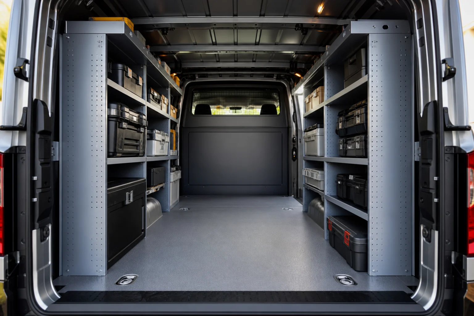 Inside of a work van with side shelving, secured tool cases and a bulkhead behind the front seats.