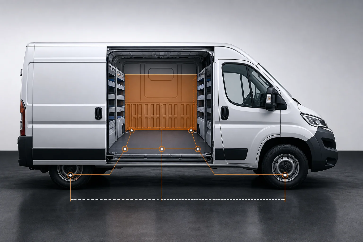 Visual diagram of a work van with side shelving, load positioned between the axles and floor tie-down points.