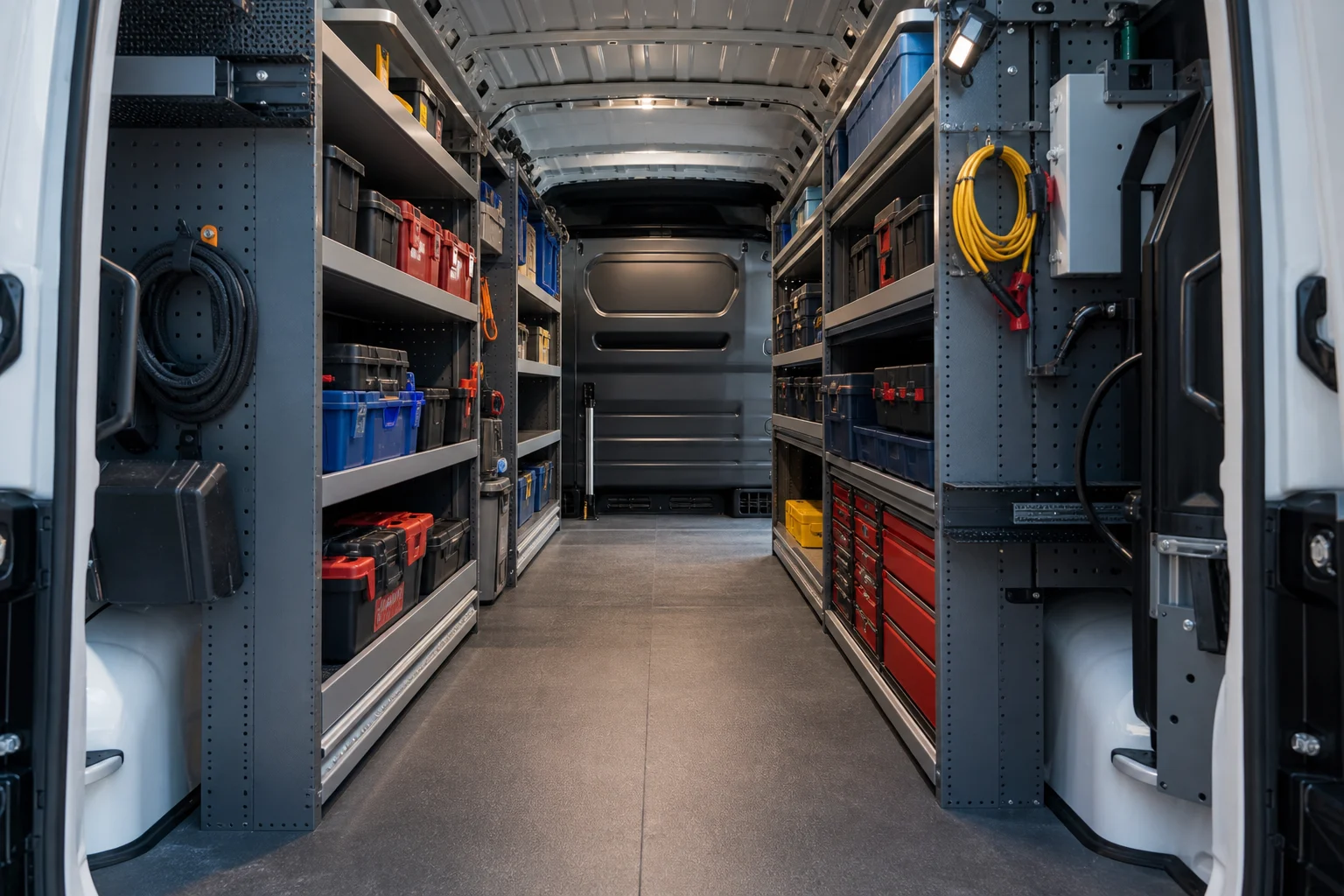 Tools, cases and spare-parts boxes organised on side shelving inside a van.