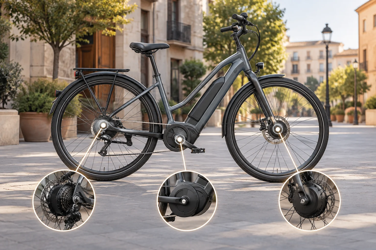 Bicicleta eléctrica urbana junto a una vía ciclista, con el motor central y los bujes destacados de forma discreta.