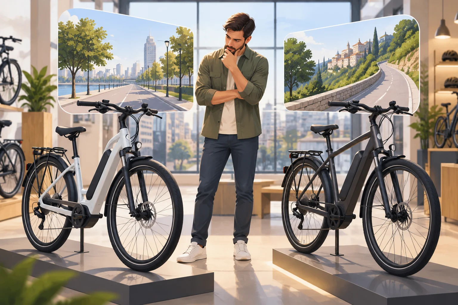 Comprador comparando dos bicicletas eléctricas urbanas antes de elegir.