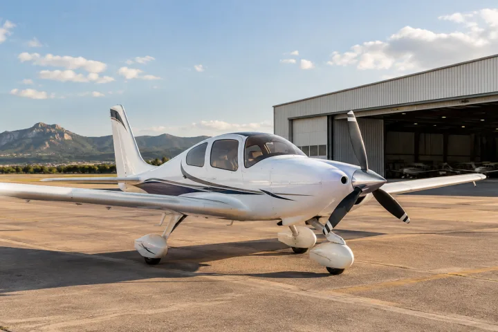 Avião ligeiro estacionado junto a um hangar num aeródromo.