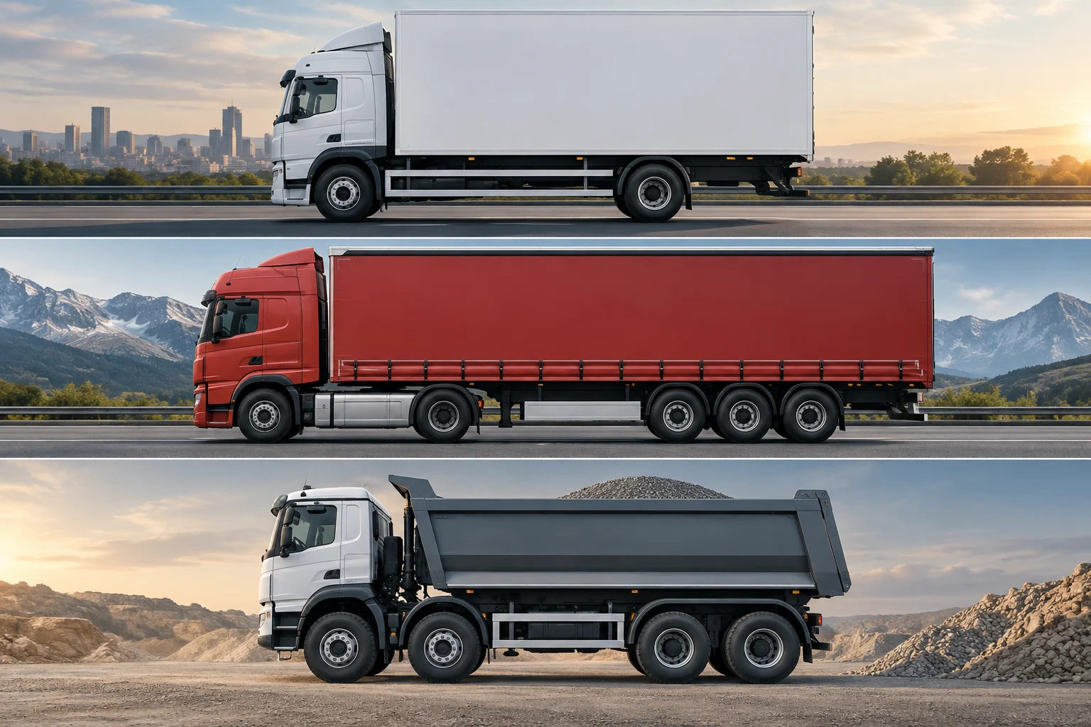 Trois camions génériques de profil présentant différentes configurations d’essieux