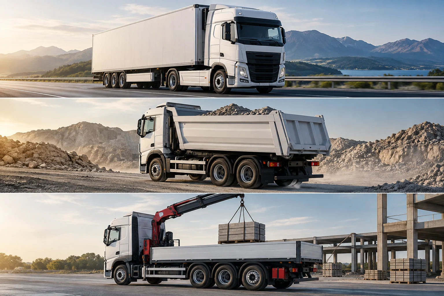Schéma conceptuel de trois camions présentant différentes configurations d’essieux