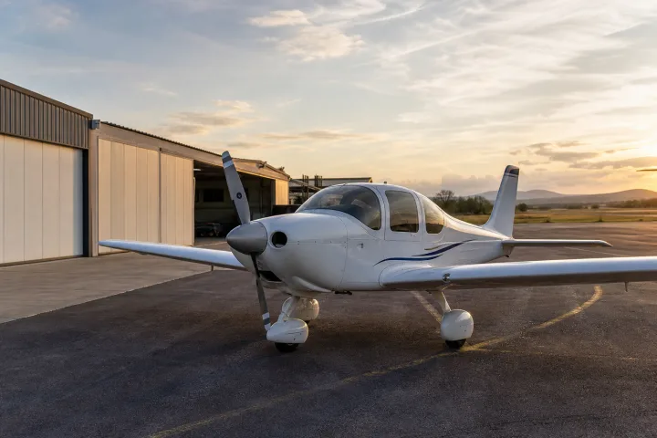 Avión ligero monomotor estacionado en una plataforma de aeródromo al atardecer