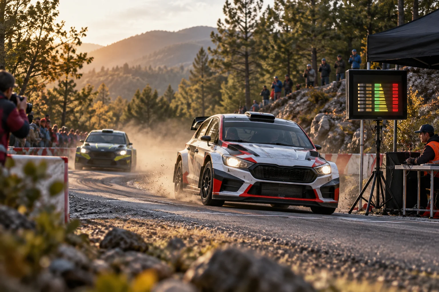 Two rally cars drive through a timed special stage as a board displays times and gaps.