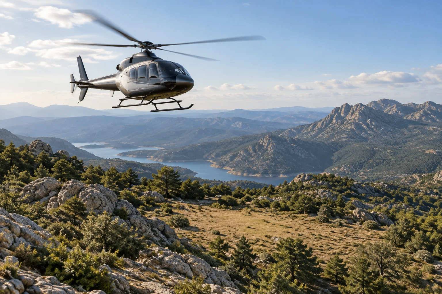 Helicóptero a voar sobre uma zona montanhosa sem pista nas proximidades