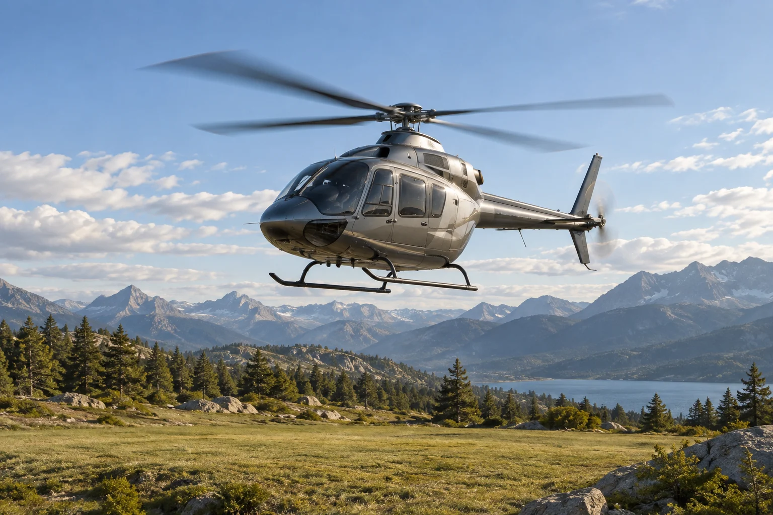 Helicóptero em voo estacionário sobre uma clareira rodeada de vegetação