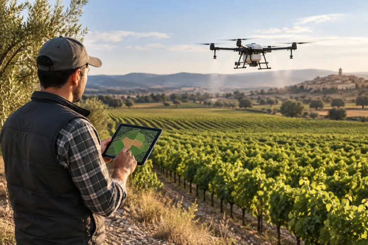 Drone au-dessus d’une parcelle agricole tandis qu’une personne consulte une carte de culture sur une tablette