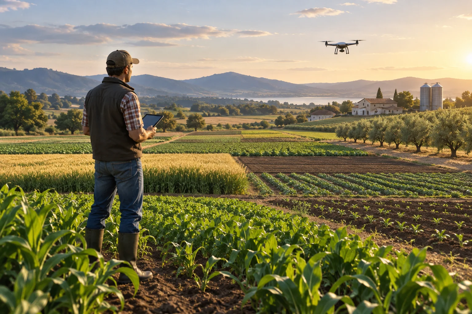 Agricultor observa distintas zonas de una parcela mientras un dron permanece en el aire