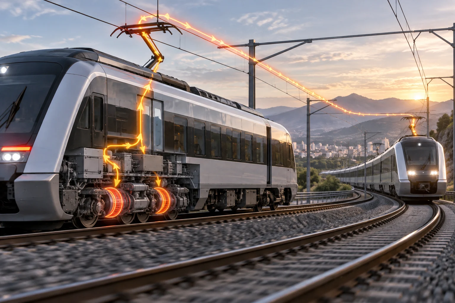 Train électrique freinant sous une caténaire, avec une représentation du flux électrique vers l’infrastructure ferroviaire