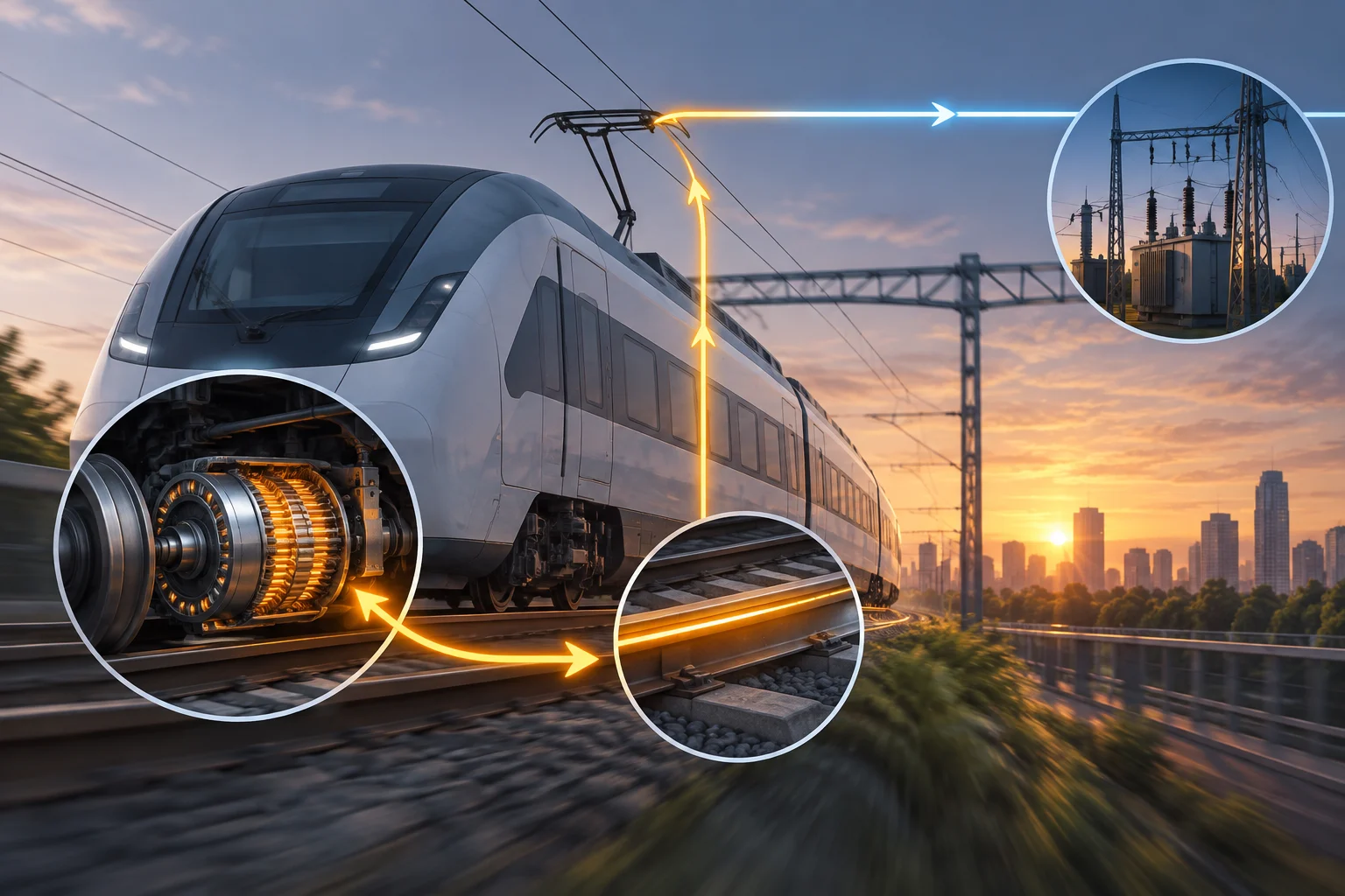 Schéma d’un train électrique qui produit de l’énergie au freinage et l’envoie vers l’infrastructure ferroviaire