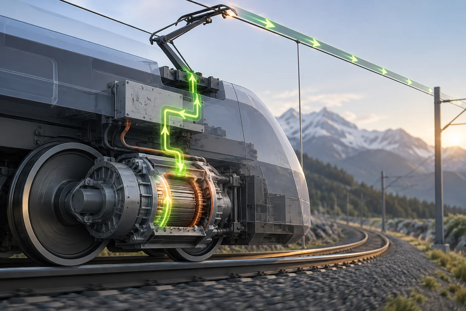 Moteur de traction d’un train électrique relié à la caténaire pendant un freinage régénératif