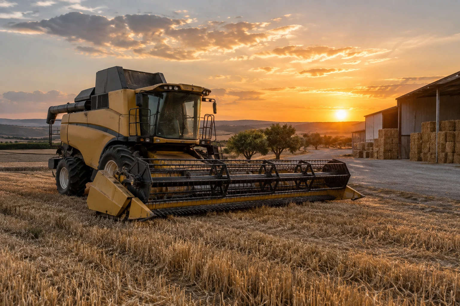 Used combine harvester with a grain header parked in a field