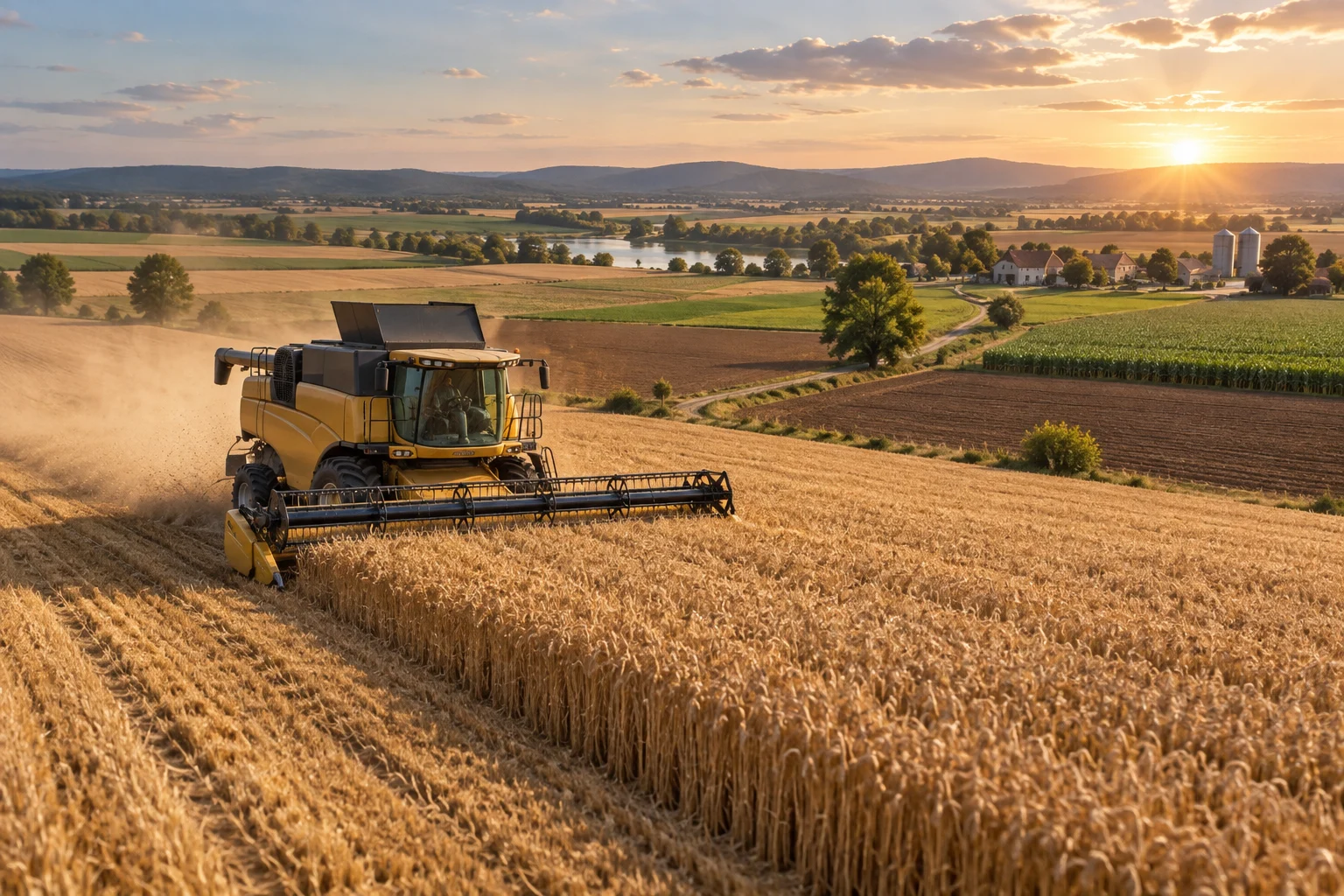 Combine harvester in a grain field during the harvest