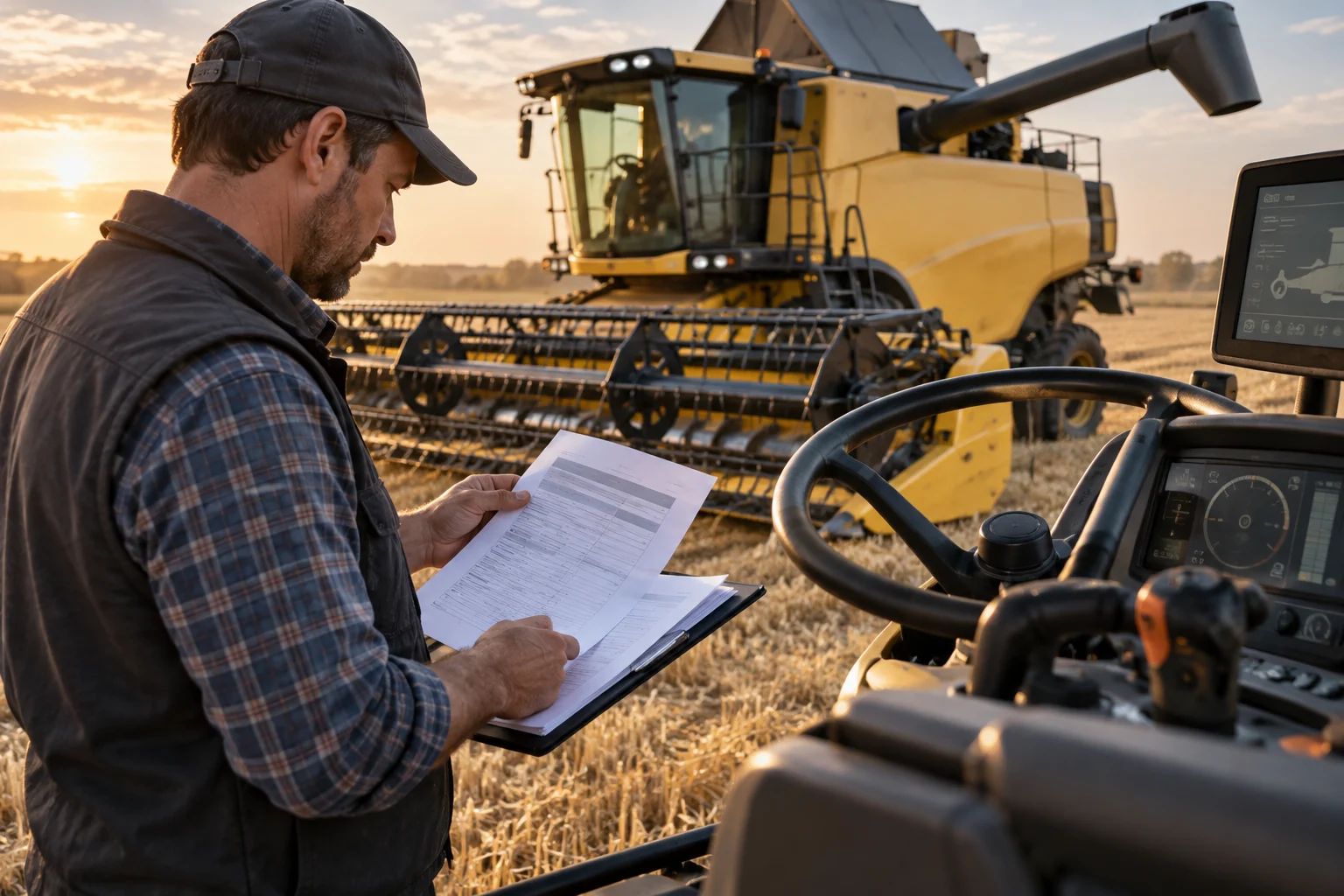 Combine harvester gauges beside maintenance documents