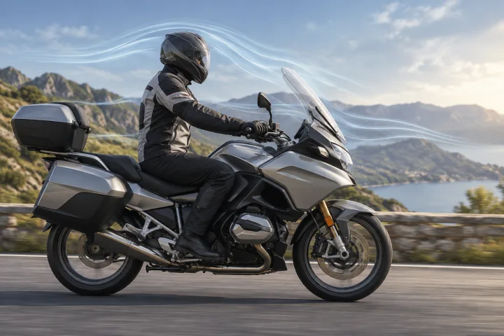 Motard assis sur une moto touring, vu de profil, avec le flux d’air représenté autour de la bulle et du casque