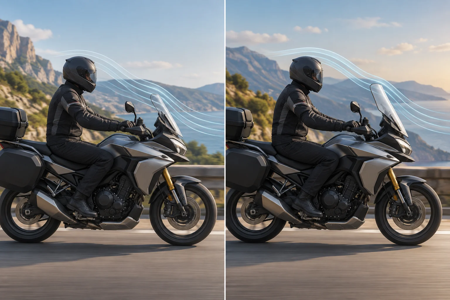Due configurazioni di una moto generica, una con il parabrezza più alto e l’altra con quello più basso