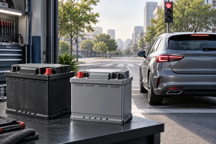 Illustration de deux batteries de voiture différentes à côté d’un véhicule équipé du système start-stop