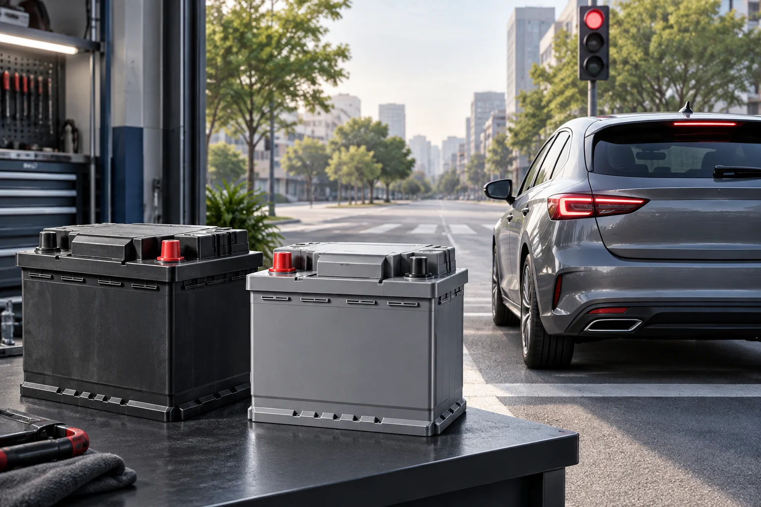 Illustration de deux batteries de voiture différentes à côté d’un véhicule équipé du système start-stop