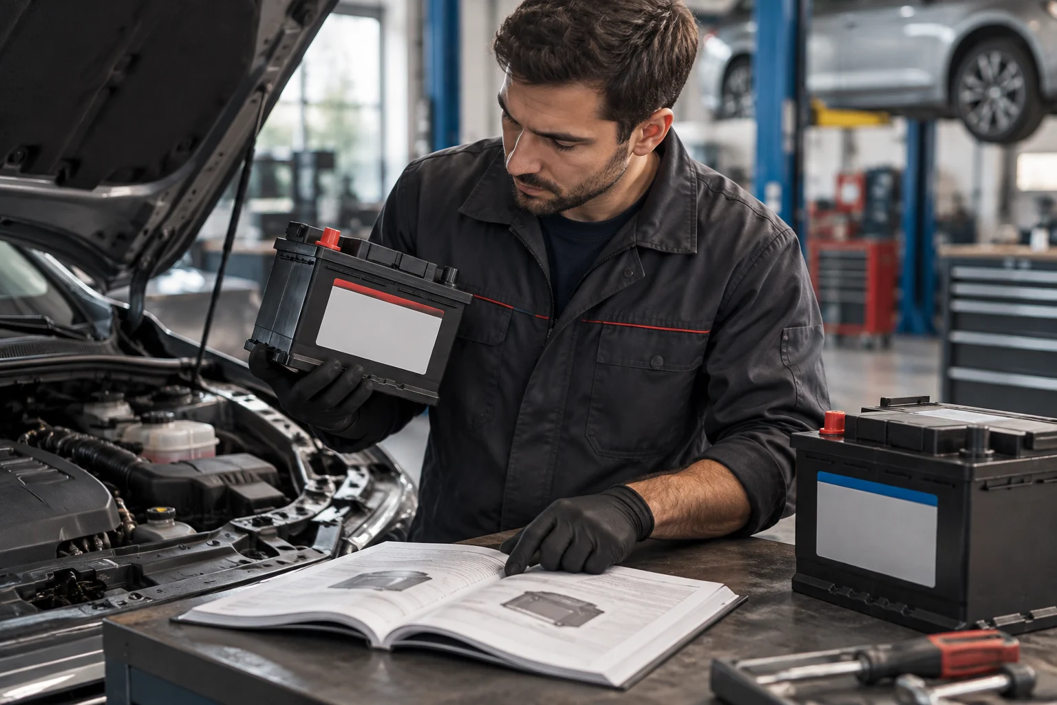 Une personne compare la batterie installée aux informations du véhicule dans un atelier