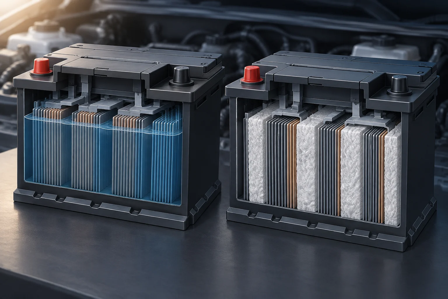 Comparaison visuelle d’une batterie EFB et d’une batterie AGM, avec la nappe interne représentée dans l’AGM