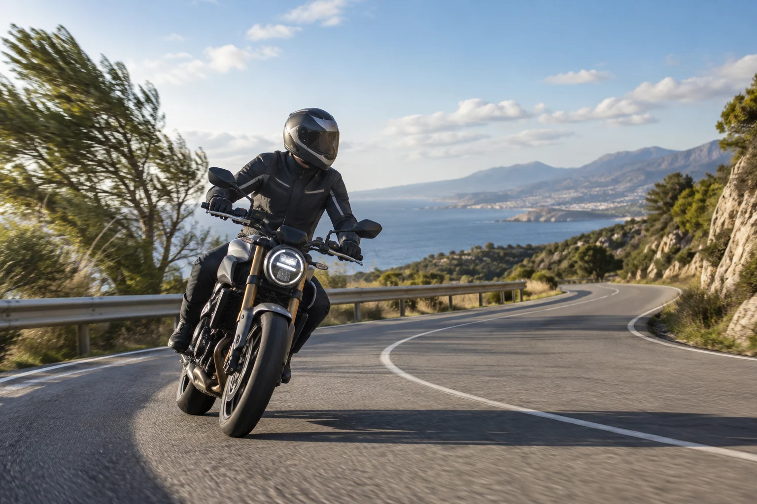 Motard circulant sur une route dégagée, avec la végétation agitée par le vent