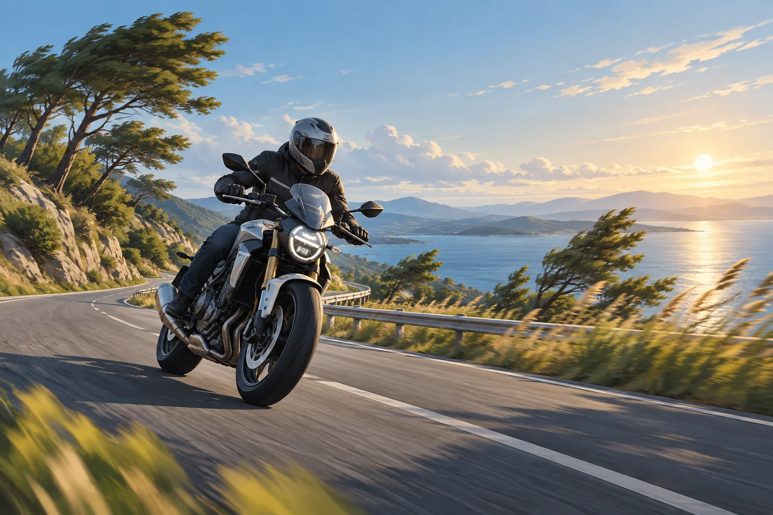 Moto sur une route dégagée avec des arbres inclinés par le vent