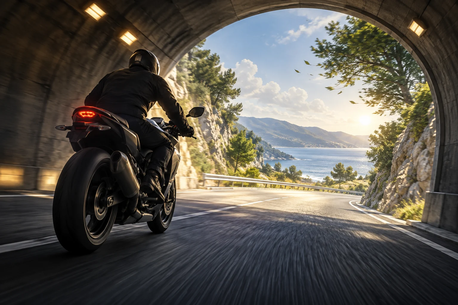 Motard approchant de la sortie d’un tunnel, avec du vent à l’extérieur