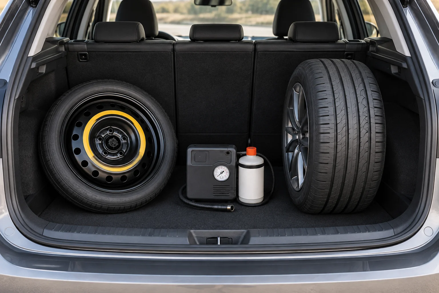 Coffre d’une voiture présentant trois options distinctes : roue galette, kit anti-crevaison et pneu runflat