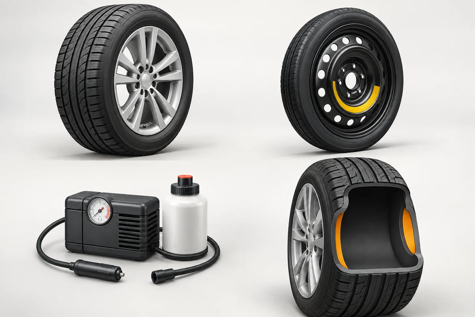 Quatre solutions en cas de crevaison : roue classique, roue compacte, kit de réparation et pneu runflat