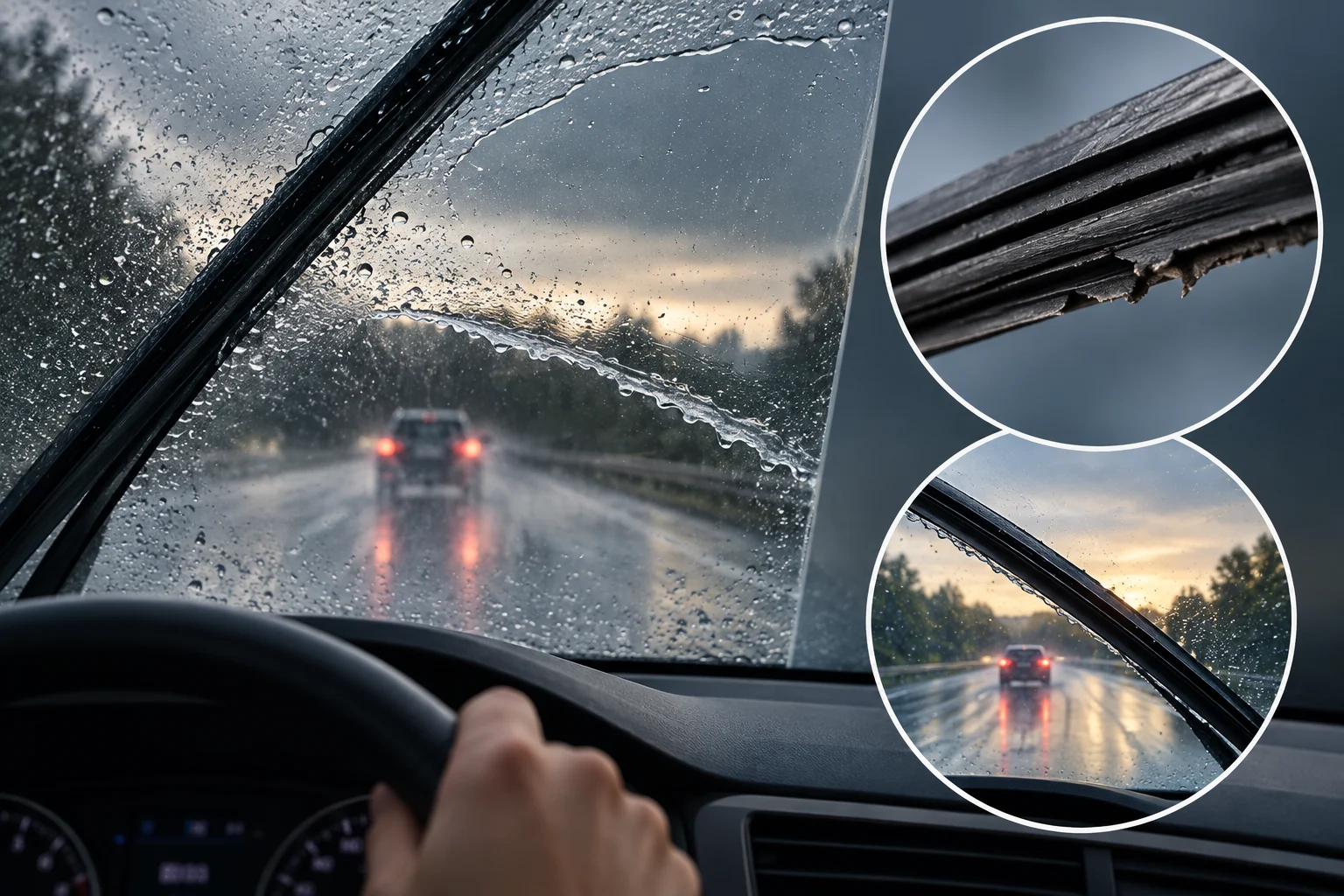 Water streak left on a windscreen and a wiper blade with deteriorated rubber