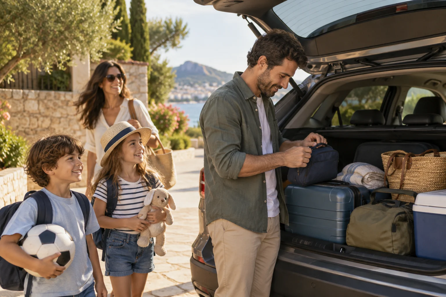 Familia junto a un coche preparado para un viaje por carretera, con una bolsa de mano accesible y el equipaje guardado en el maletero.