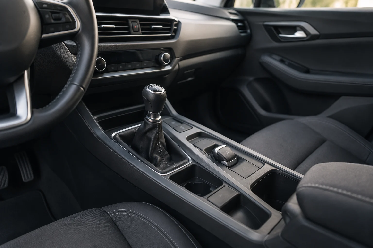Console d’une voiture d’occasion avec un levier de frein et un interrupteur électrique présentés comme deux options.