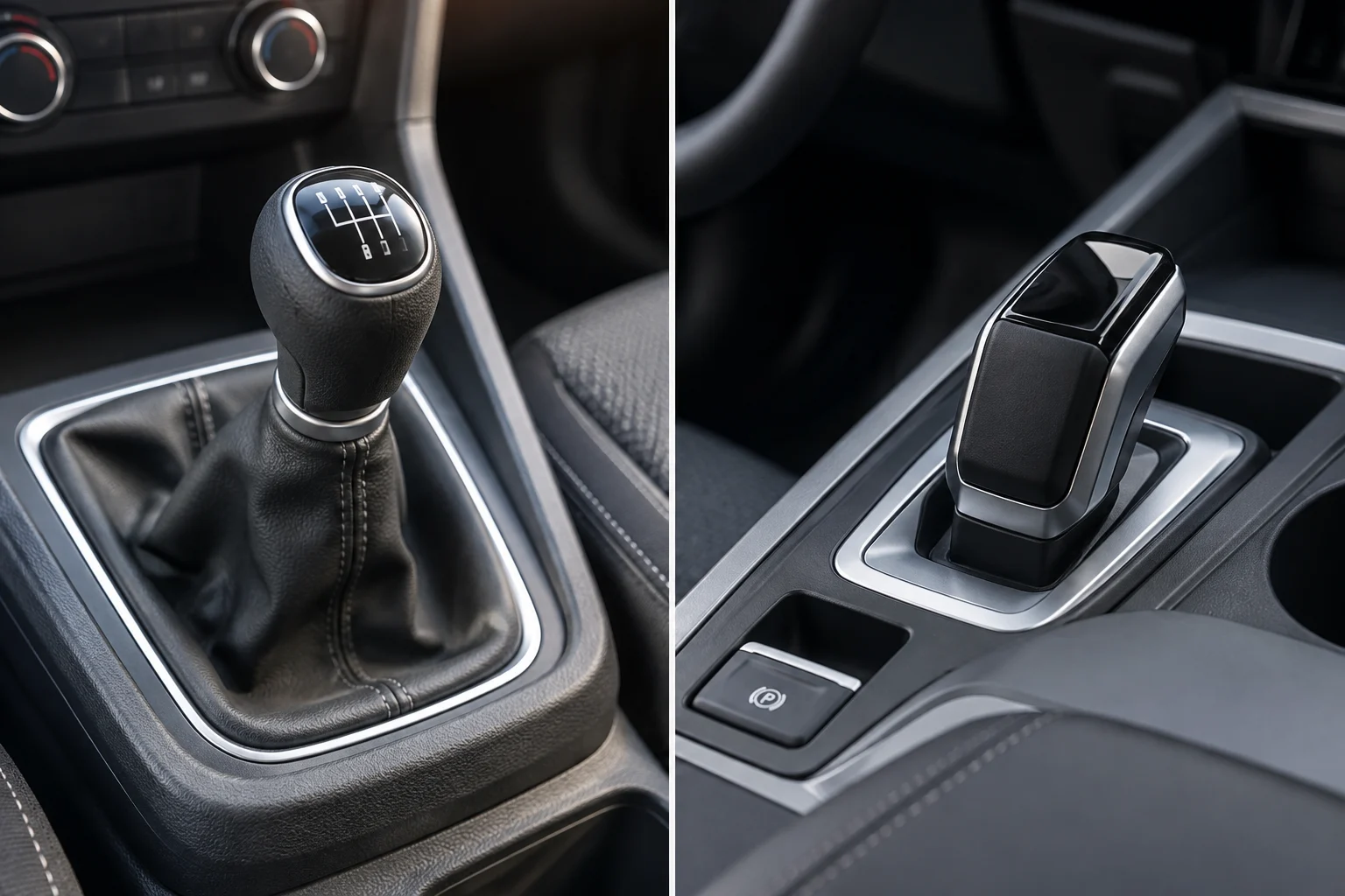 Levier mécanique et interrupteur électrique présentés sur une console de voiture pour comparer les commandes.