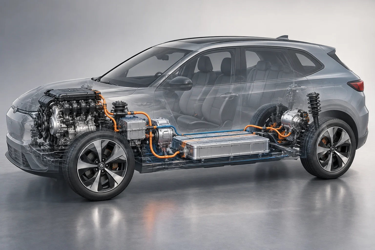 Conceptual diagram of a hybrid car with a combustion engine, electric motor and wheels connected by different routes.