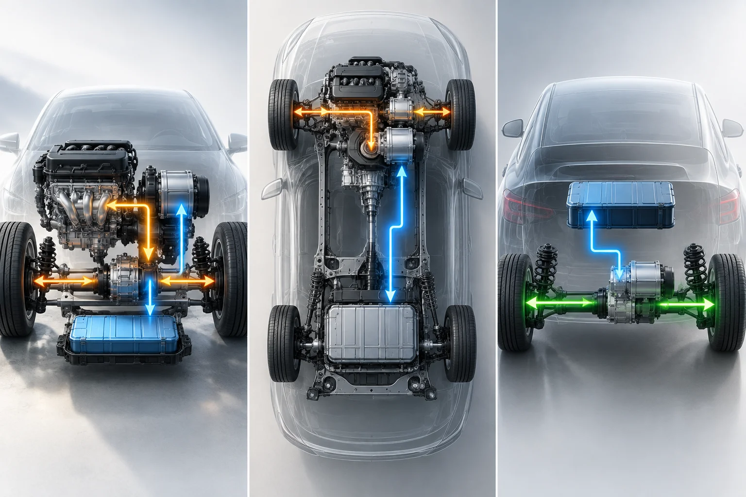 Three hybrid powertrain diagrams show different energy routes to the wheels.