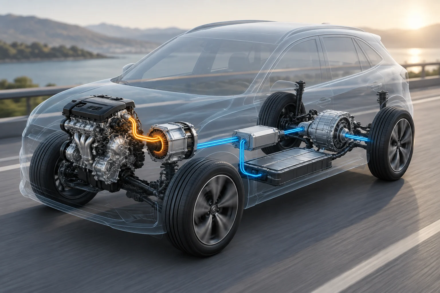 Diagram of a series hybrid in which the electric motor drives the wheels and the combustion engine powers a generator.