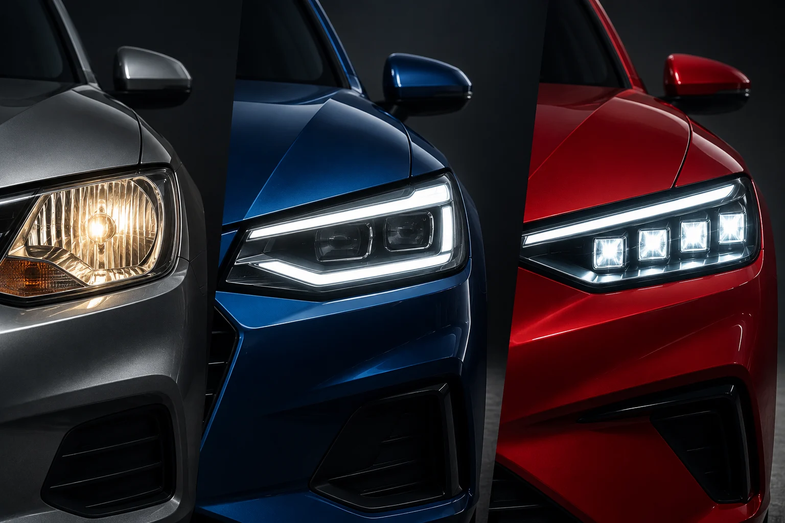 Ilustração de três faróis de automóvel com diferentes tecnologias de iluminação, sobre um fundo neutro