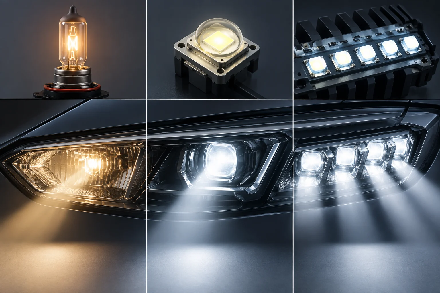 Pormenor ilustrado de uma fonte de filamento, um LED e vários segmentos LED independentes
